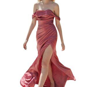 Cinderella Off-Shoulder Satin Prom Dress in Rose